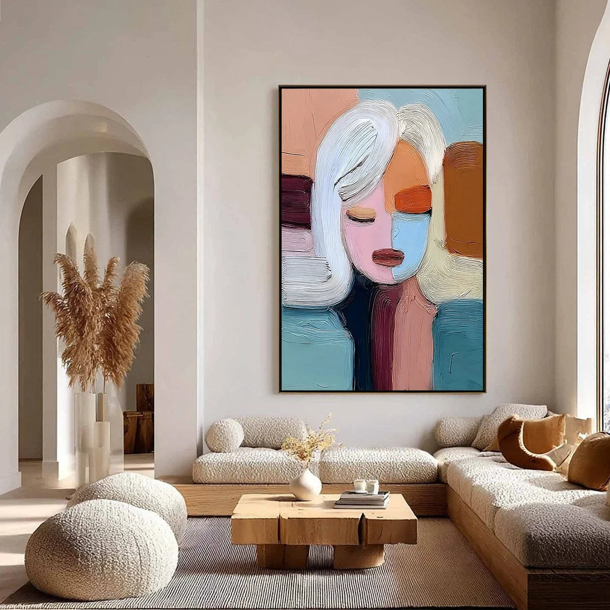 QUIET CONTEMPLATION: Textured Abstract Portrait Oil Painting | gold frame stretched on neutral wall