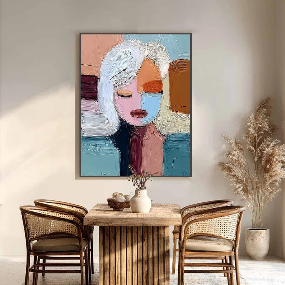 QUIET CONTEMPLATION: Textured Abstract Portrait Oil Painting | black frame version on white wall