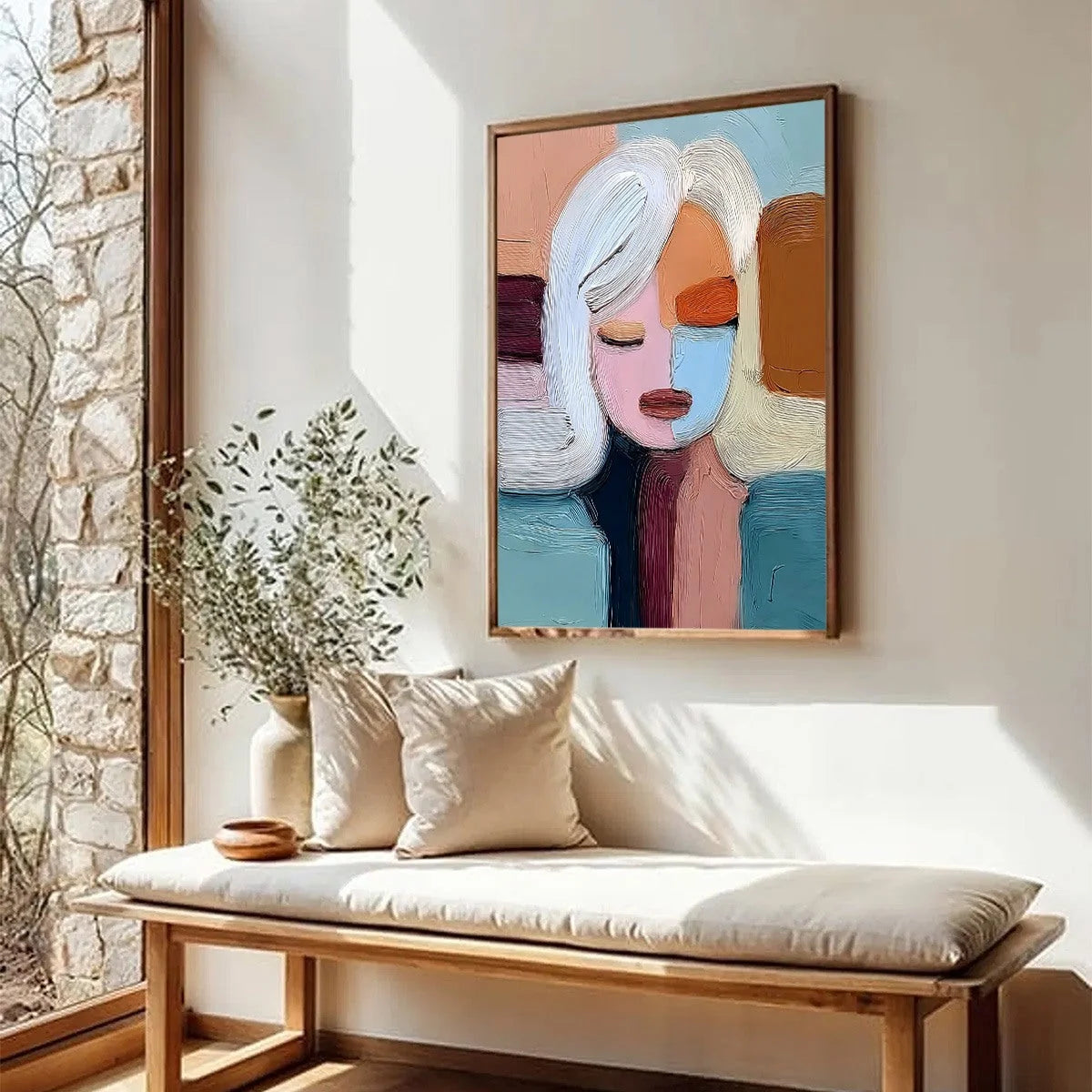 QUIET CONTEMPLATION: Textured Abstract Portrait Oil Painting | multi-color palette, original oil on stretched canvas art
