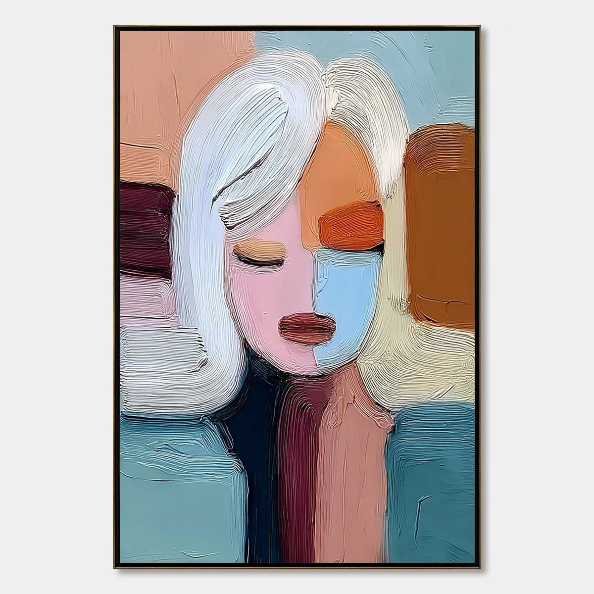 QUIET CONTEMPLATION: Textured Abstract Portrait Oil Painting | hanging in living room, Abstract wall art