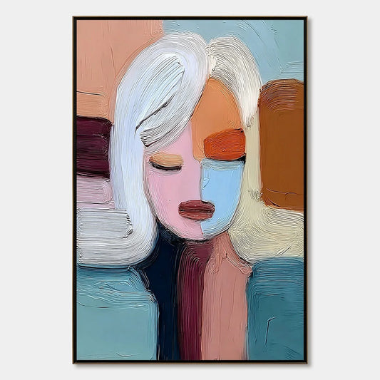 QUIET CONTEMPLATION: Textured Abstract Portrait Oil Painting | hanging in living room, Abstract wall art