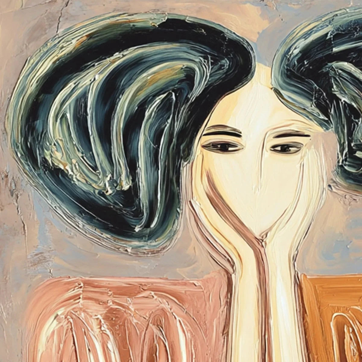 QUIET CONTEMPLATION: Textured Impasto Portrait Painting of a Woman | rectangular format, hand-painted canvas edge
