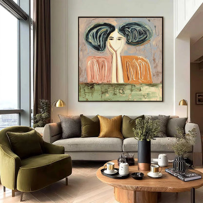 QUIET CONTEMPLATION: Textured Impasto Portrait Painting of a Woman | black frame version on white wall
