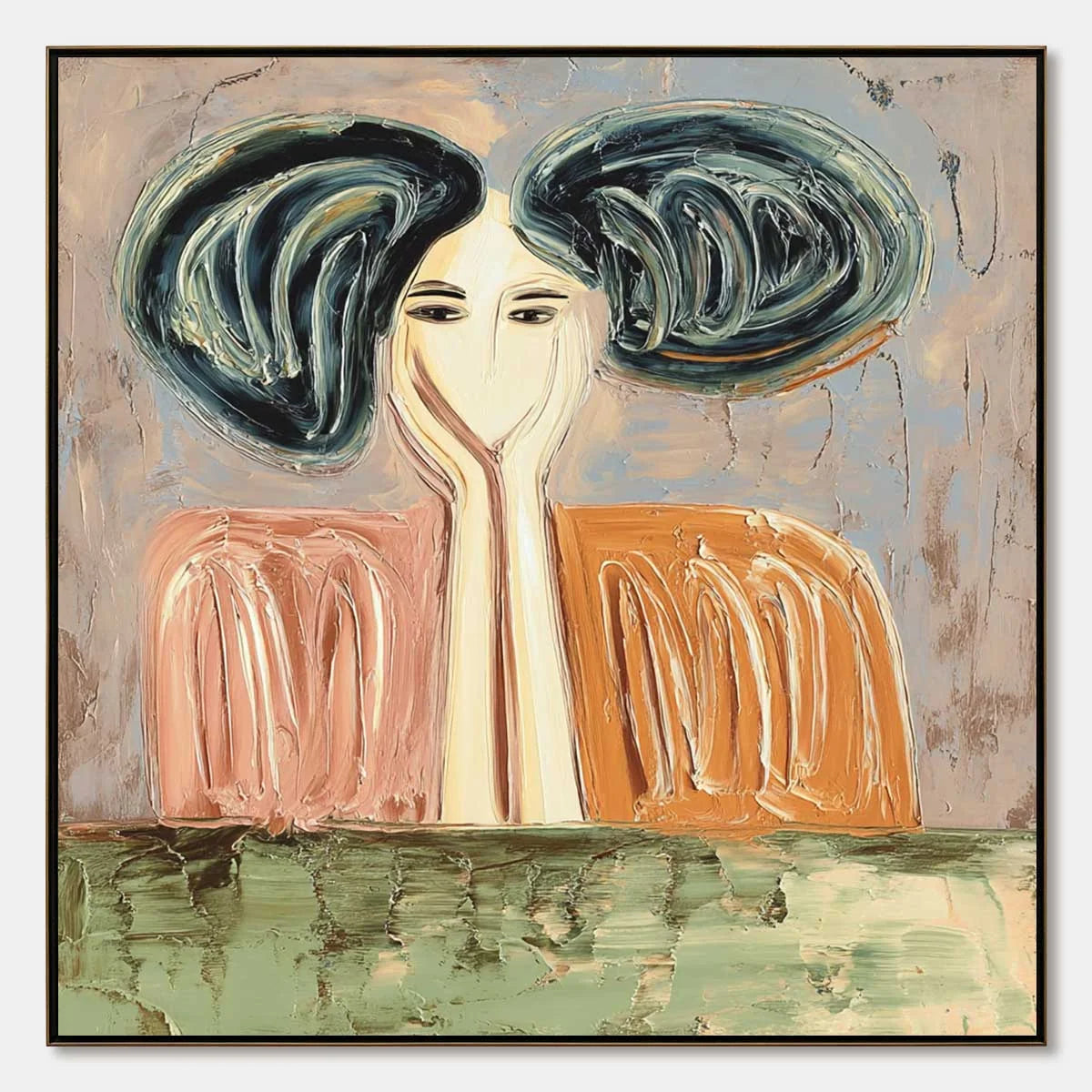 QUIET CONTEMPLATION: Textured Impasto Portrait Painting of a Woman | hanging in living room, Abstract wall art