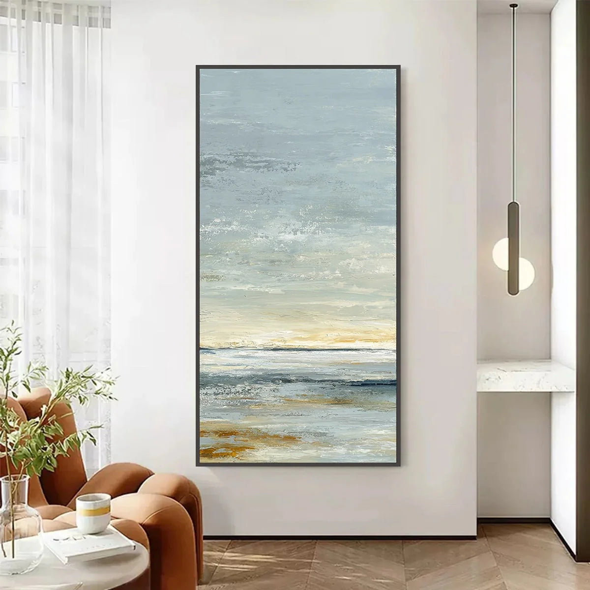 QUIET HORIZON: Textured Minimalist Wabi Sabi Seascape | Minimalist closeup, raised brushwork detail