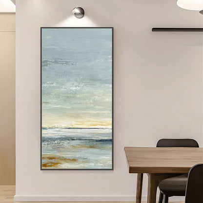 QUIET HORIZON: Textured Minimalist Wabi Sabi Seascape | gold frame stretched on neutral wall