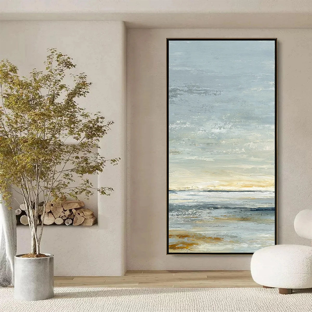 QUIET HORIZON: Textured Minimalist Wabi Sabi Seascape | black frame version on white wall