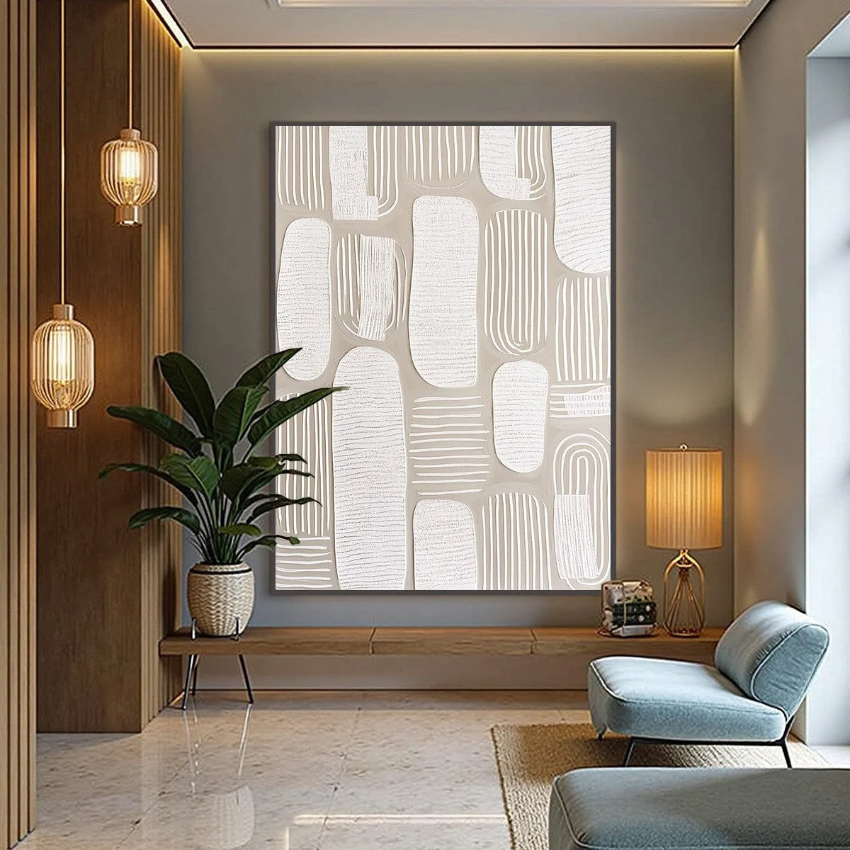 QUIET RHYTHMS: Textured Wabi Sabi Abstract Painting in Neutral Tones | gold frame stretched on neutral wall