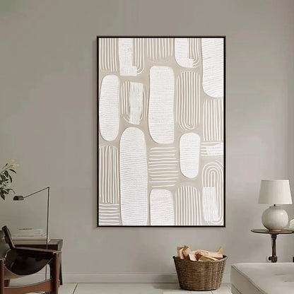 QUIET RHYTHMS: Textured Wabi Sabi Abstract Painting in Neutral Tones | black frame version on white wall