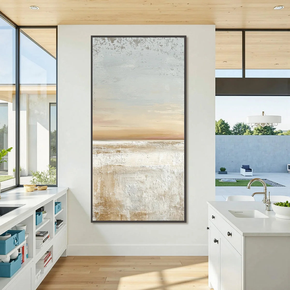 QUIET SHORE: Textured Wabi Sabi Minimalist Beach Painting | gold frame stretched on neutral wall