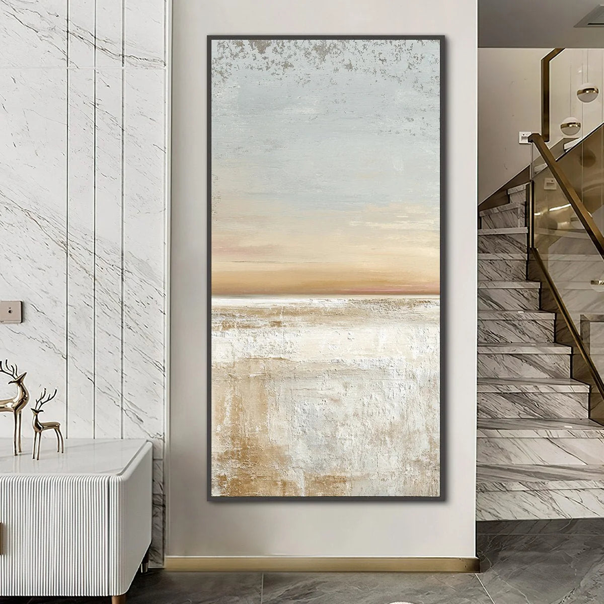QUIET SHORE: Textured Wabi Sabi Minimalist Beach Painting | black frame version on white wall