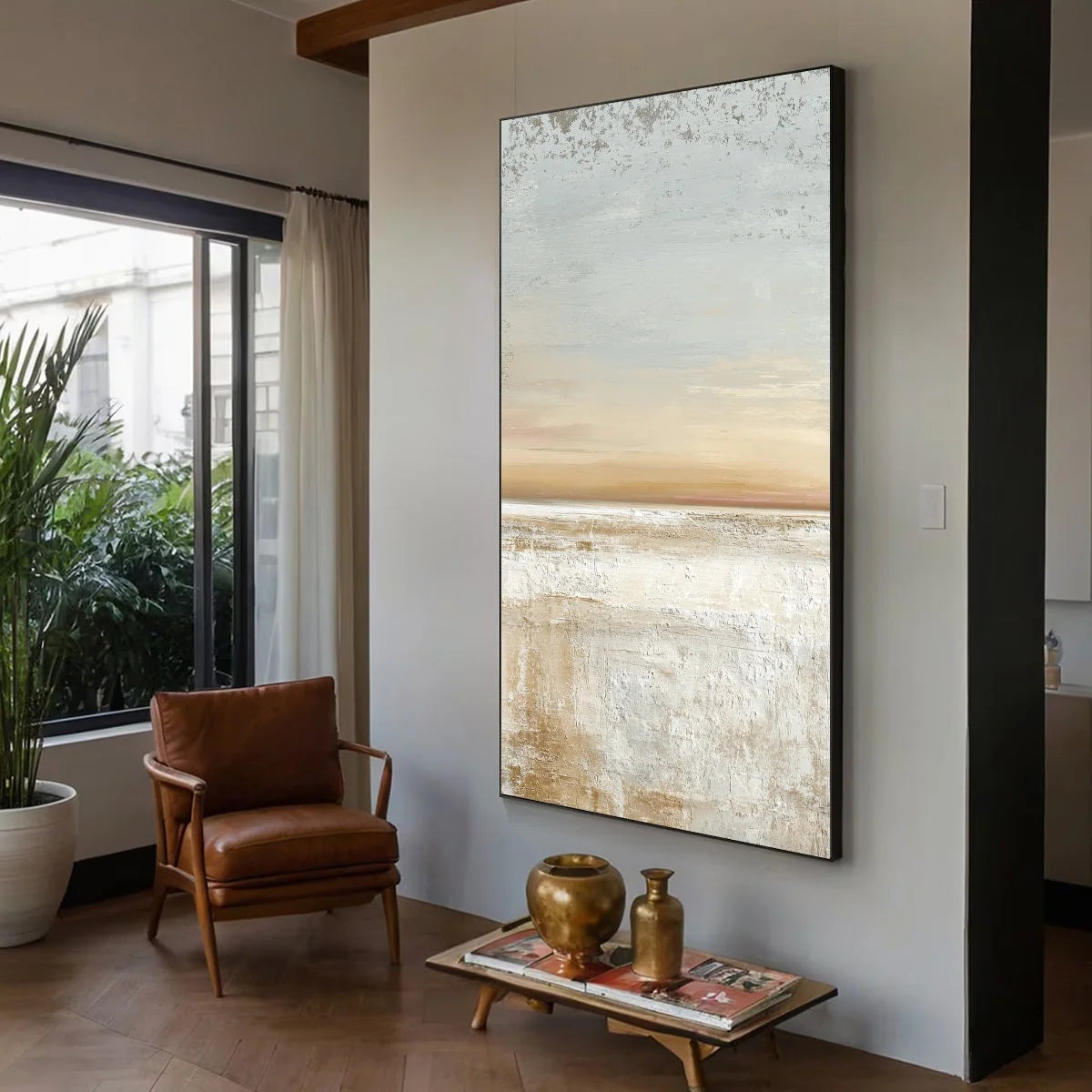 QUIET SHORE: Textured Wabi Sabi Minimalist Beach Painting | Minimalist mood, soft natural light studio shot