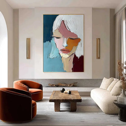 QUIETUDE: Textured Abstract Portrait Palette Knife Oil Painting | gold frame stretched on neutral wall