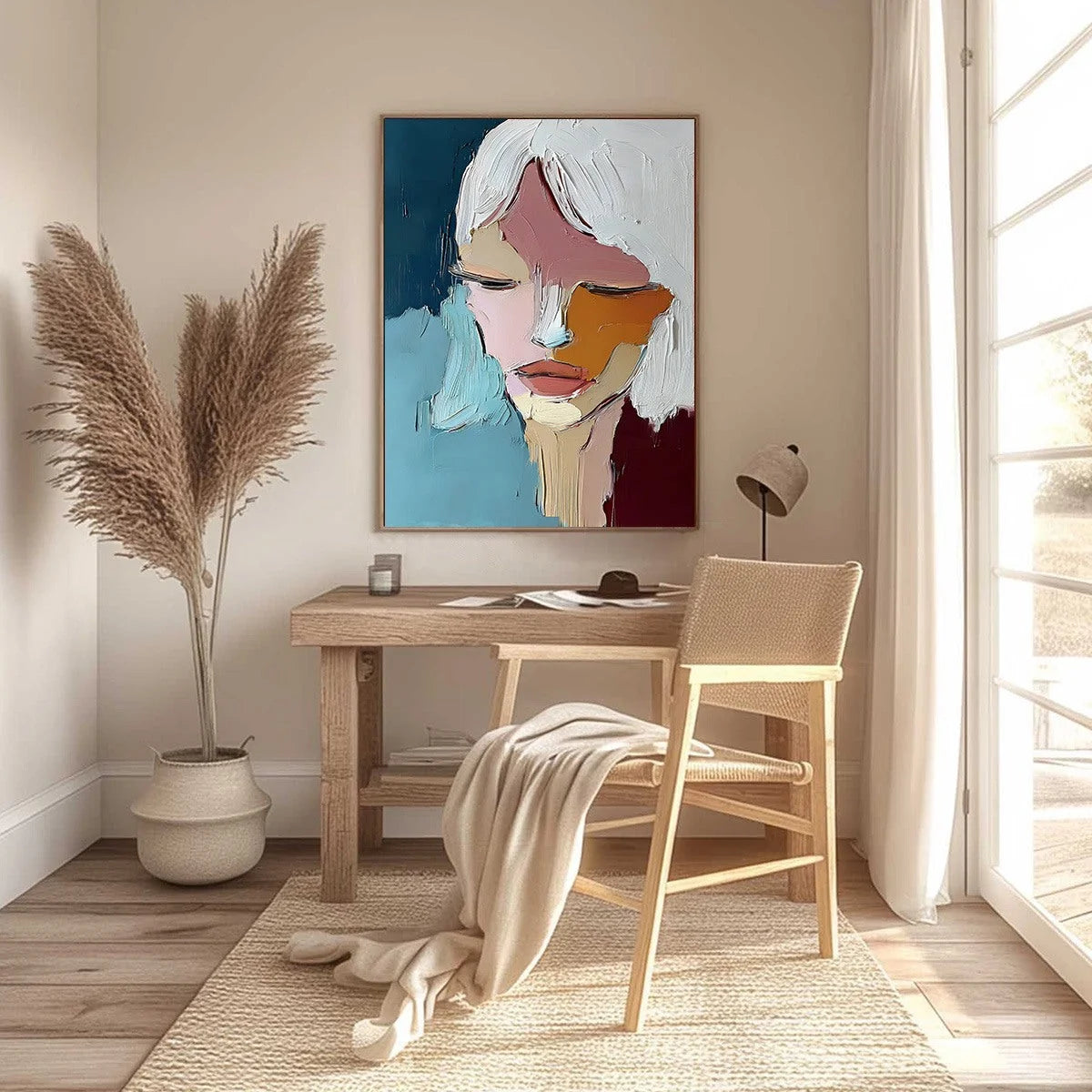 QUIETUDE: Textured Abstract Portrait Palette Knife Oil Painting | black frame version on white wall