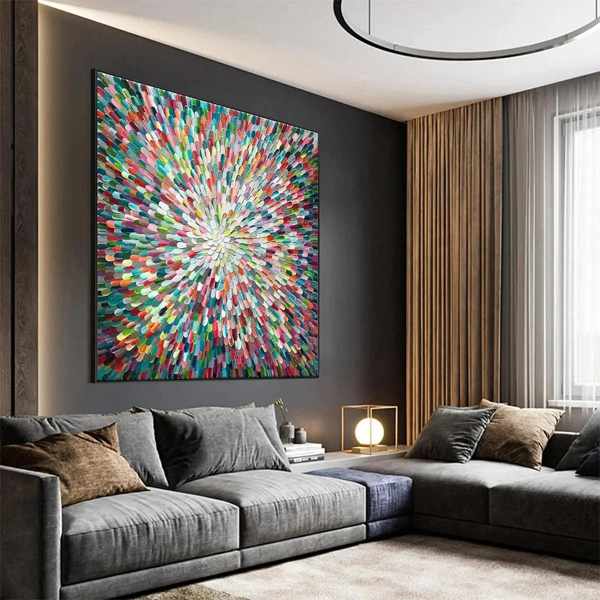 RADIANT BLOOM: Colorful Abstract Impasto Oil Painting | gold frame stretched on neutral wall