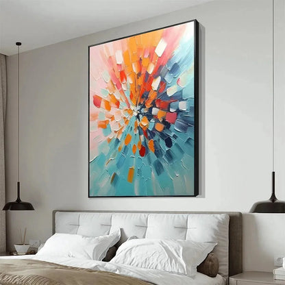 RADIANT BURST: Textured Abstract Impasto Painting, Vertical Wall Art | gold frame stretched on neutral wall