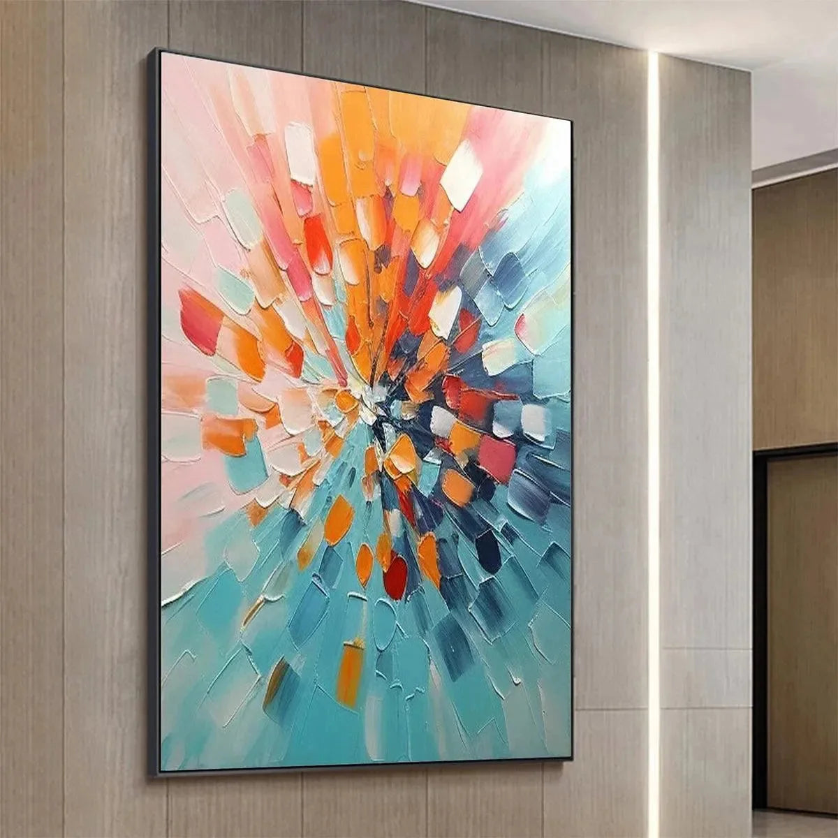 RADIANT BURST: Textured Abstract Impasto Painting, Vertical Wall Art | black frame version on white wall