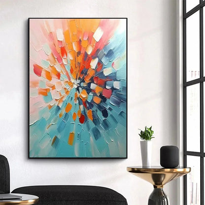 RADIANT BURST: Textured Abstract Impasto Painting, Vertical Wall Art | Abstract mood, soft natural light studio shot