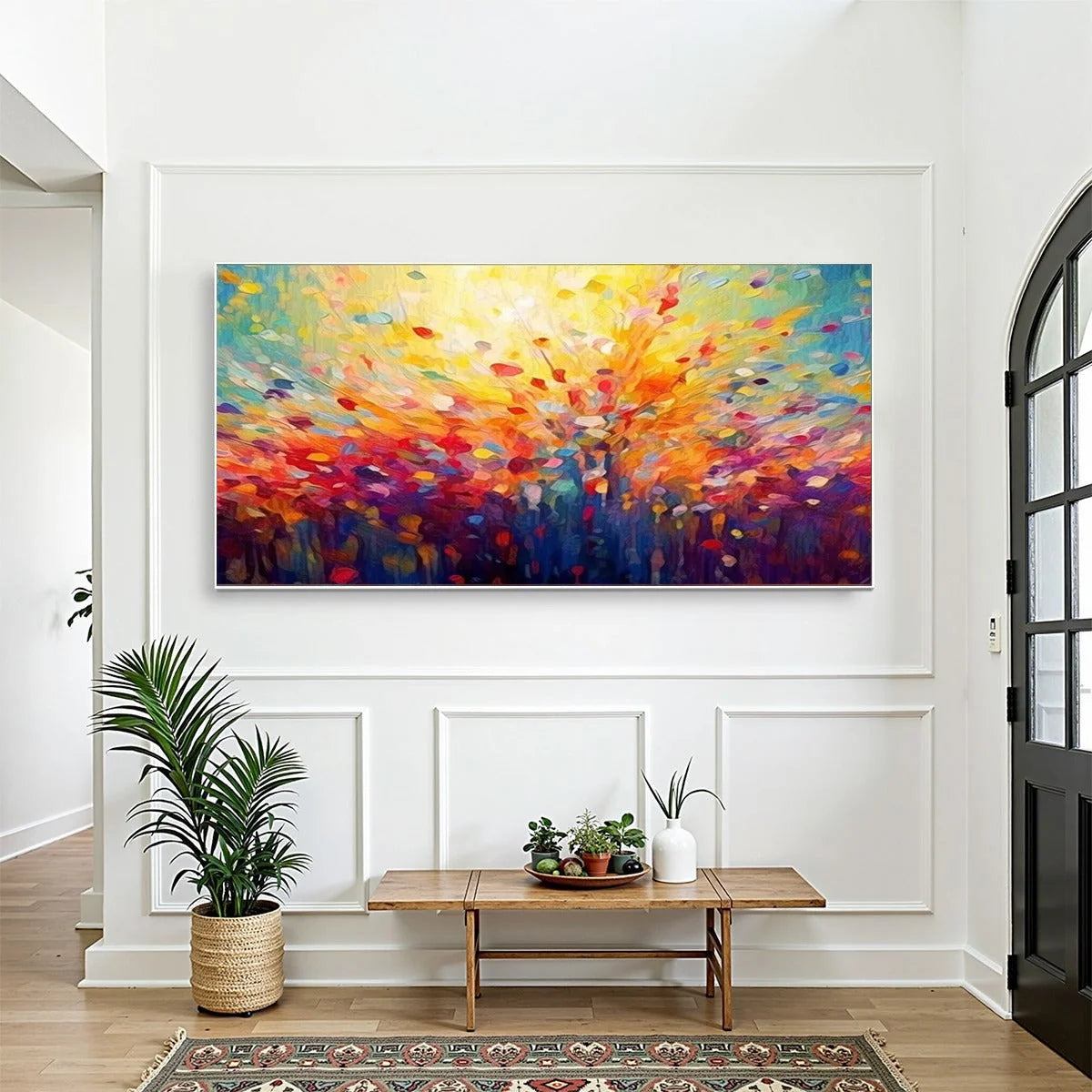 RADIANT DAWN: Abstract Oil Painting | gold frame stretched on neutral wall
