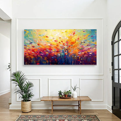 RADIANT DAWN: Abstract Oil Painting | gold frame stretched on neutral wall