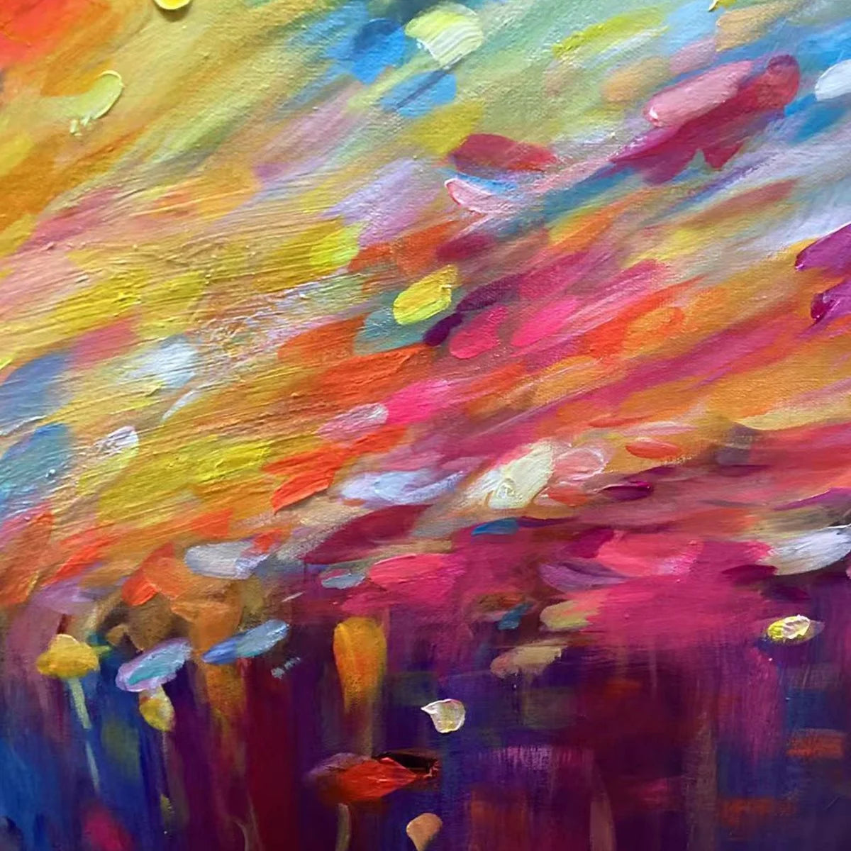 RADIANT DAWN: Abstract Oil Painting | black frame version on white wall