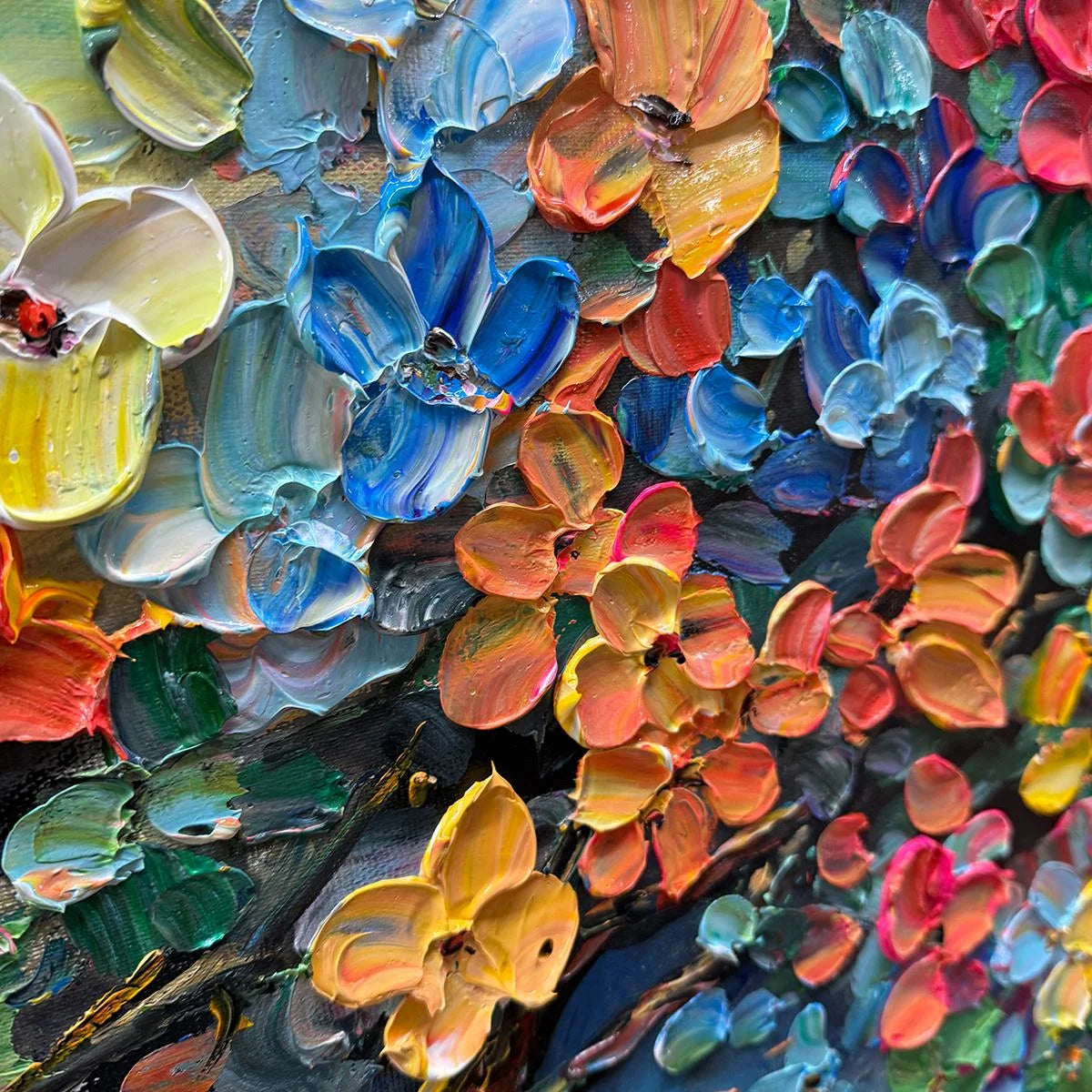 RAINBOW BLOOM: Impasto Palette Knife Floral Tree Painting | rectangular format, hand-painted canvas edge