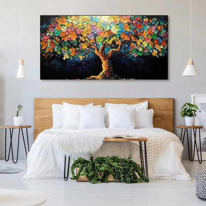 RAINBOW BLOOM: Impasto Palette Knife Floral Tree Painting | gold frame stretched on neutral wall