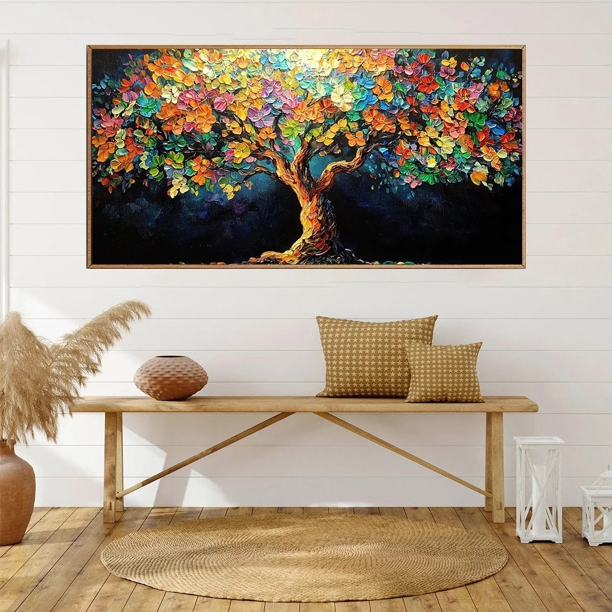 RAINBOW BLOOM: Impasto Palette Knife Floral Tree Painting | rolled canvas, ready for custom framing