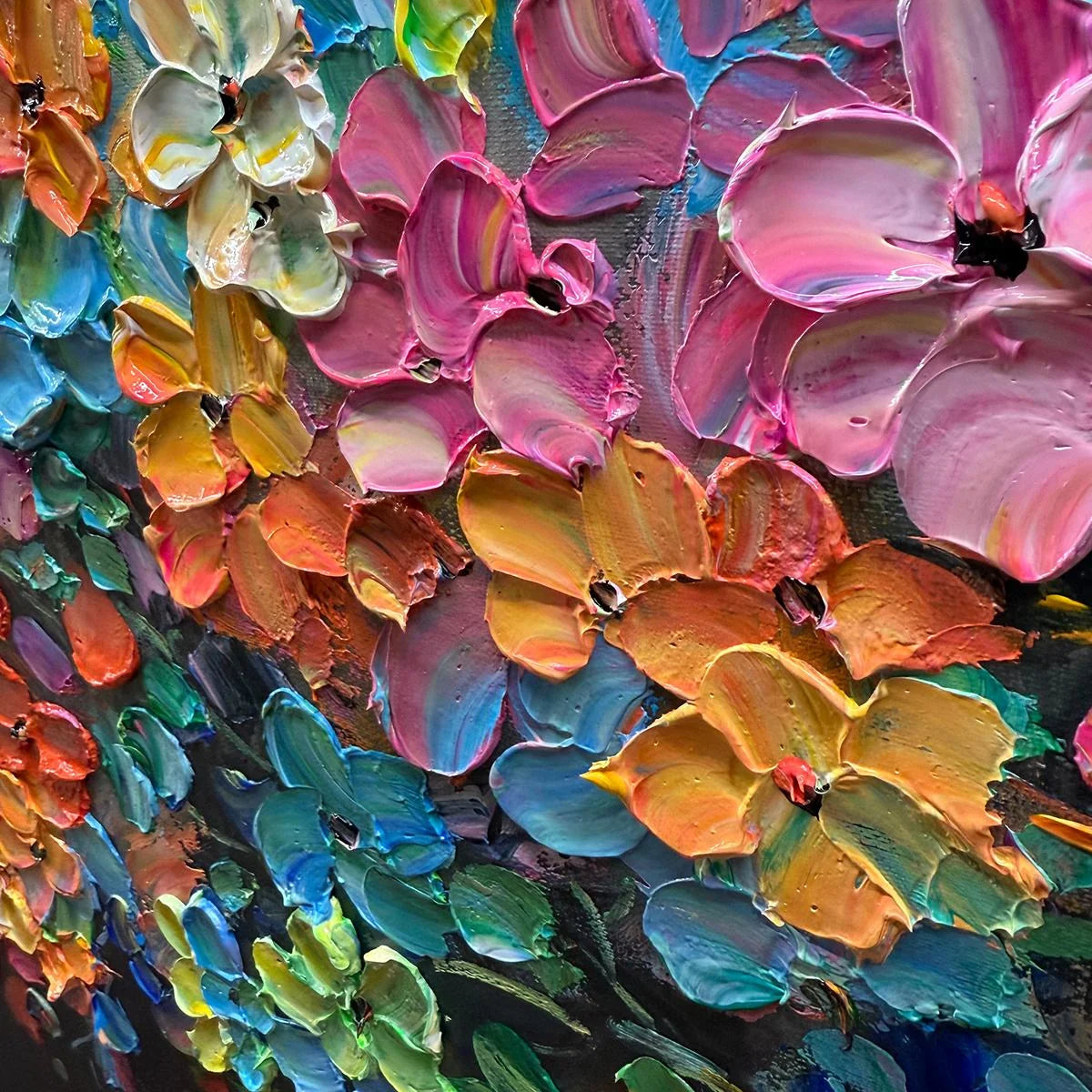 RAINBOW BLOOM: Impasto Palette Knife Floral Tree Painting | black frame version on white wall
