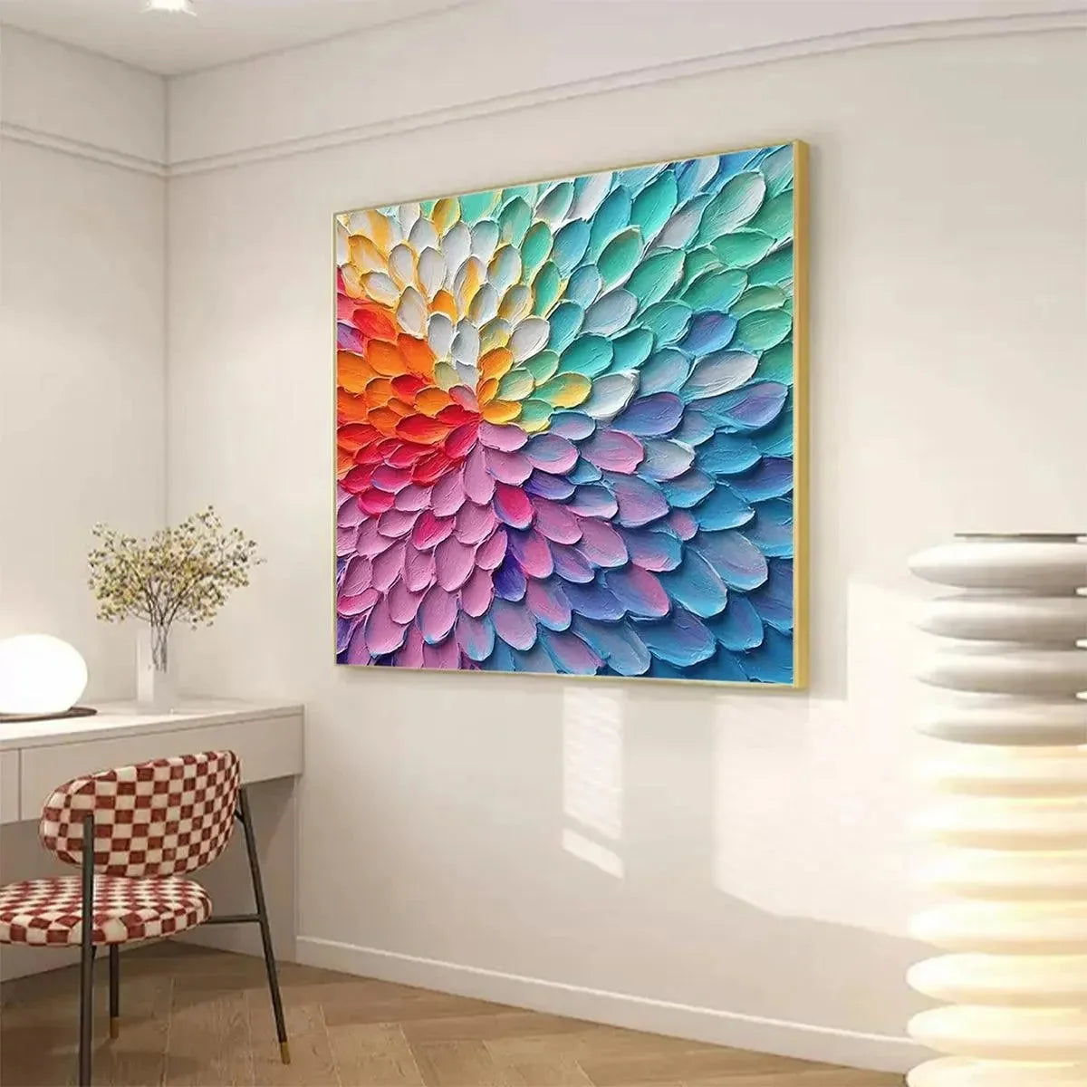 RAINBOW BURST: Textured Abstract Painting in Rainbow Colors | gold frame stretched on neutral wall