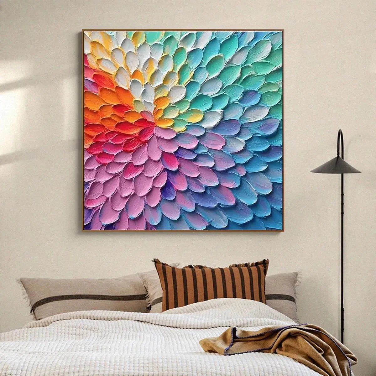 RAINBOW BURST: Textured Abstract Painting in Rainbow Colors | black frame version on white wall