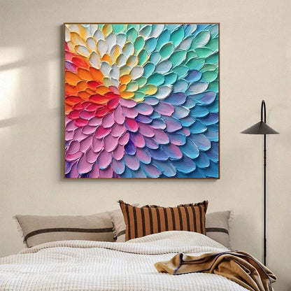 RAINBOW BURST: Textured Abstract Painting in Rainbow Colors | black frame version on white wall