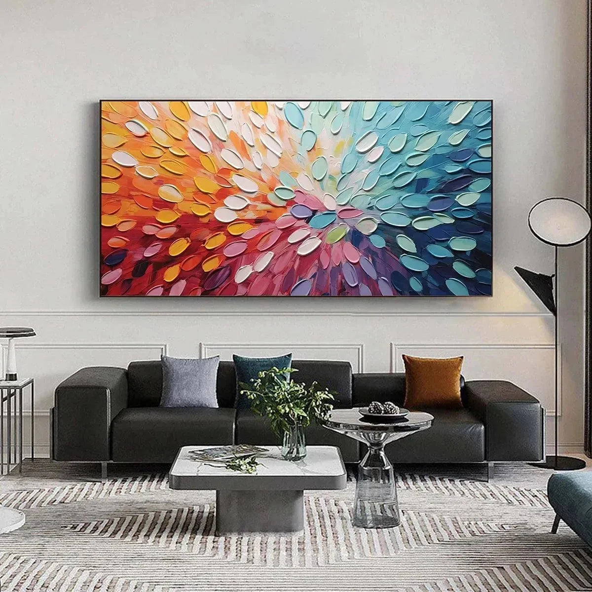 RAINBOW BURST: Textured Abstract Painting in Rainbow Colors | Abstract closeup, raised brushwork detail