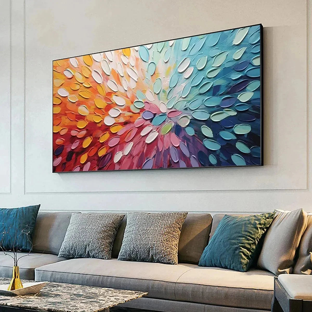 RAINBOW BURST: Textured Abstract Painting in Rainbow Colors | gold frame stretched on neutral wall