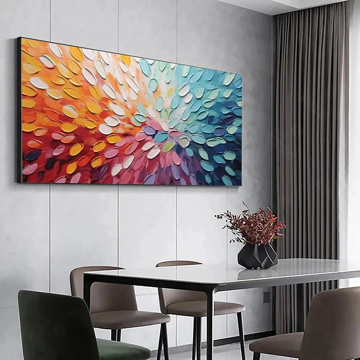 RAINBOW BURST: Textured Abstract Painting in Rainbow Colors | black frame version on white wall