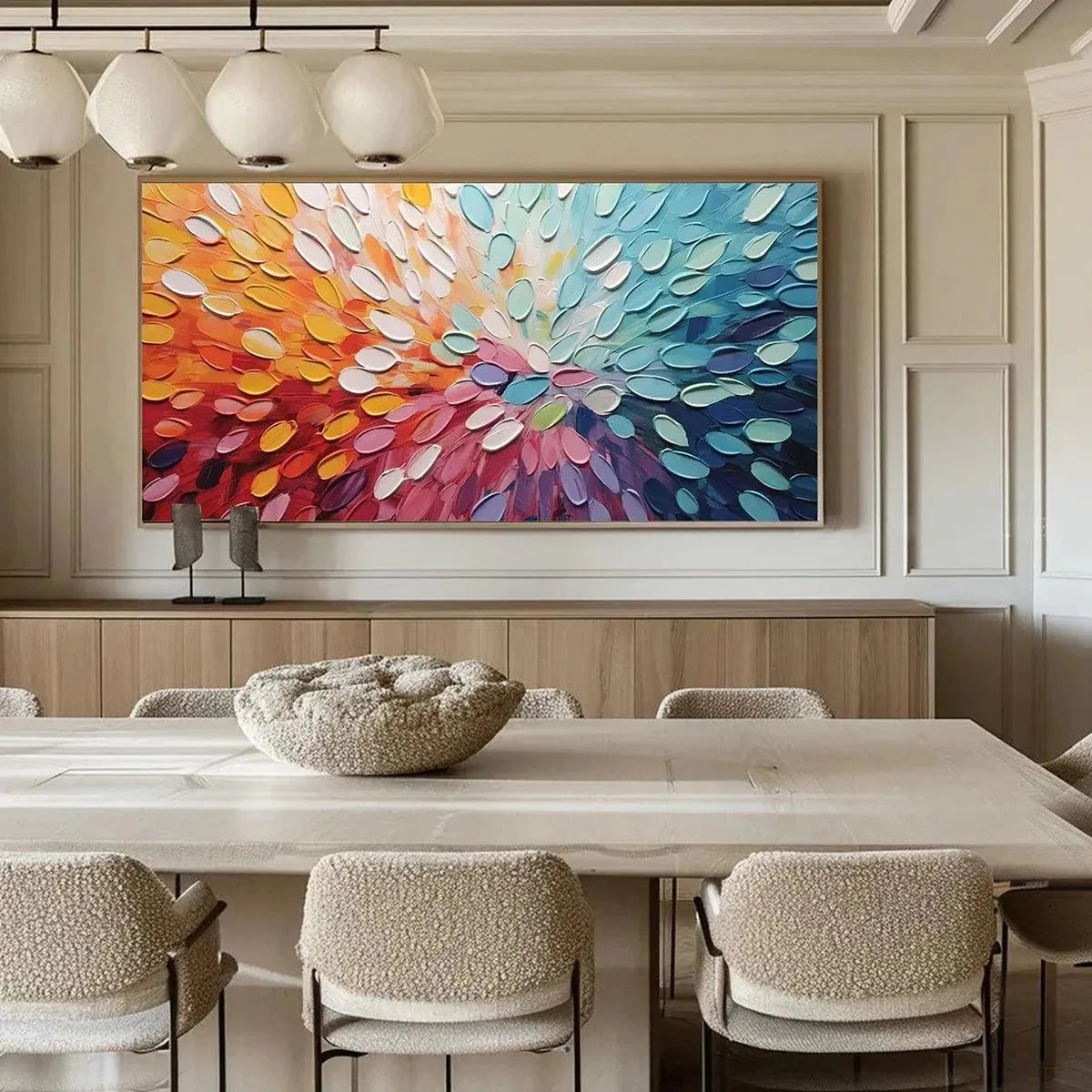 RAINBOW BURST: Textured Abstract Painting in Rainbow Colors | Abstract mood, soft natural light studio shot