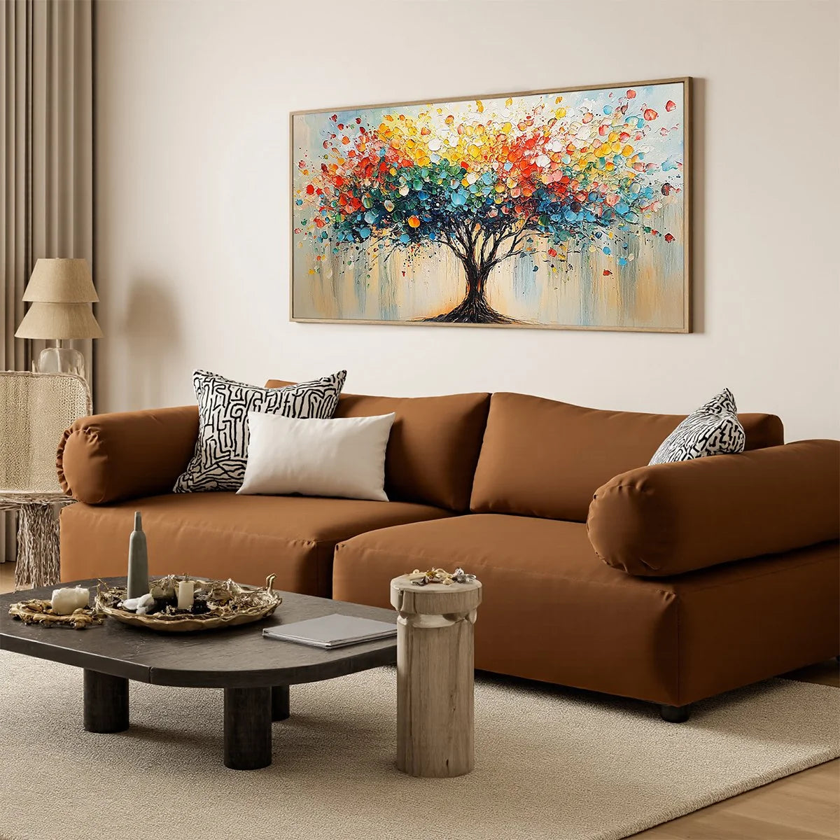 RAINBOW BURST: Textured Impasto Tree of Life Oil Painting | gold frame stretched on neutral wall