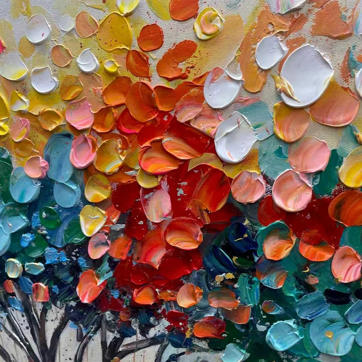 RAINBOW BURST: Textured Impasto Tree of Life Oil Painting | black frame version on white wall