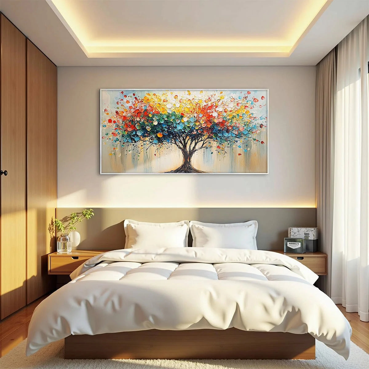 RAINBOW BURST: Textured Impasto Tree of Life Oil Painting | Figurative mood, soft natural light studio shot
