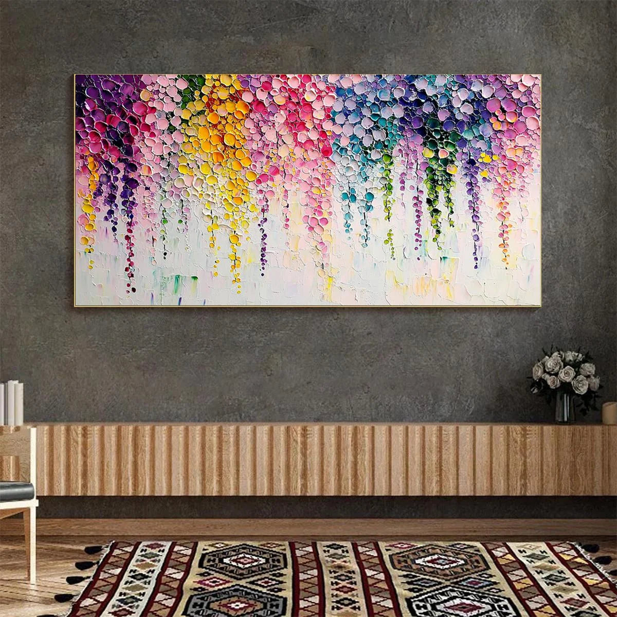 RAINBOW CASCADE: Textured Impasto Floral Oil Painting | Abstract closeup, raised brushwork detail