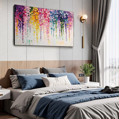 RAINBOW CASCADE: Textured Impasto Floral Oil Painting | gold frame stretched on neutral wall
