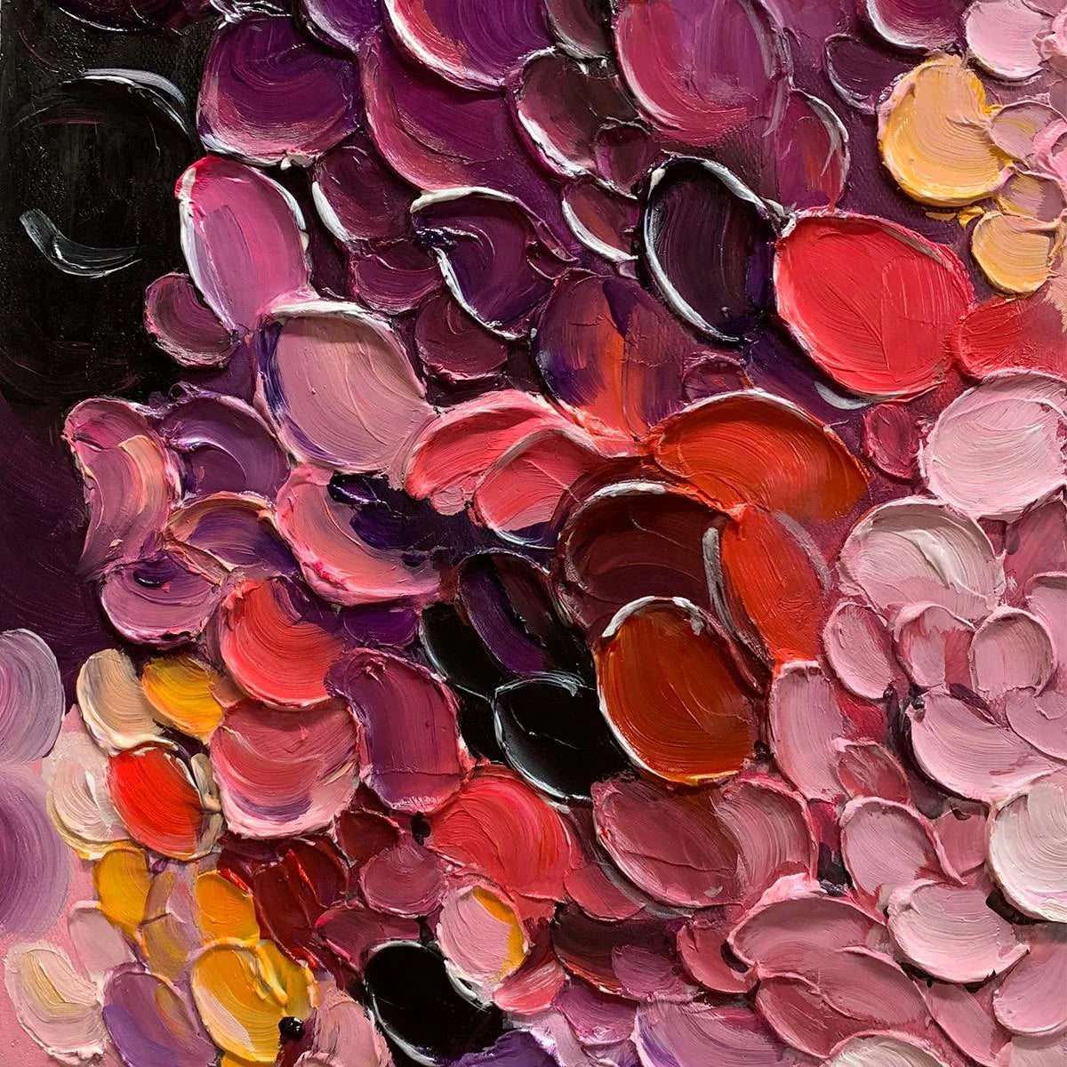 RAINBOW CASCADE: Textured Impasto Floral Oil Painting | black frame version on white wall