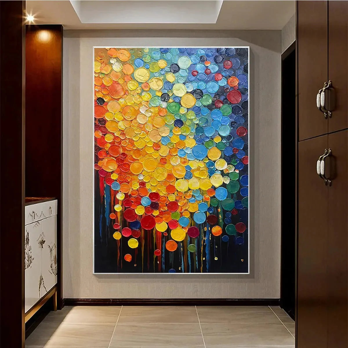 RAINBOW DROPS: Vertical Abstract Painting with Colorful Circles, Textured Impasto, Modern Wall Art | Abstract closeup, raised brushwork detail