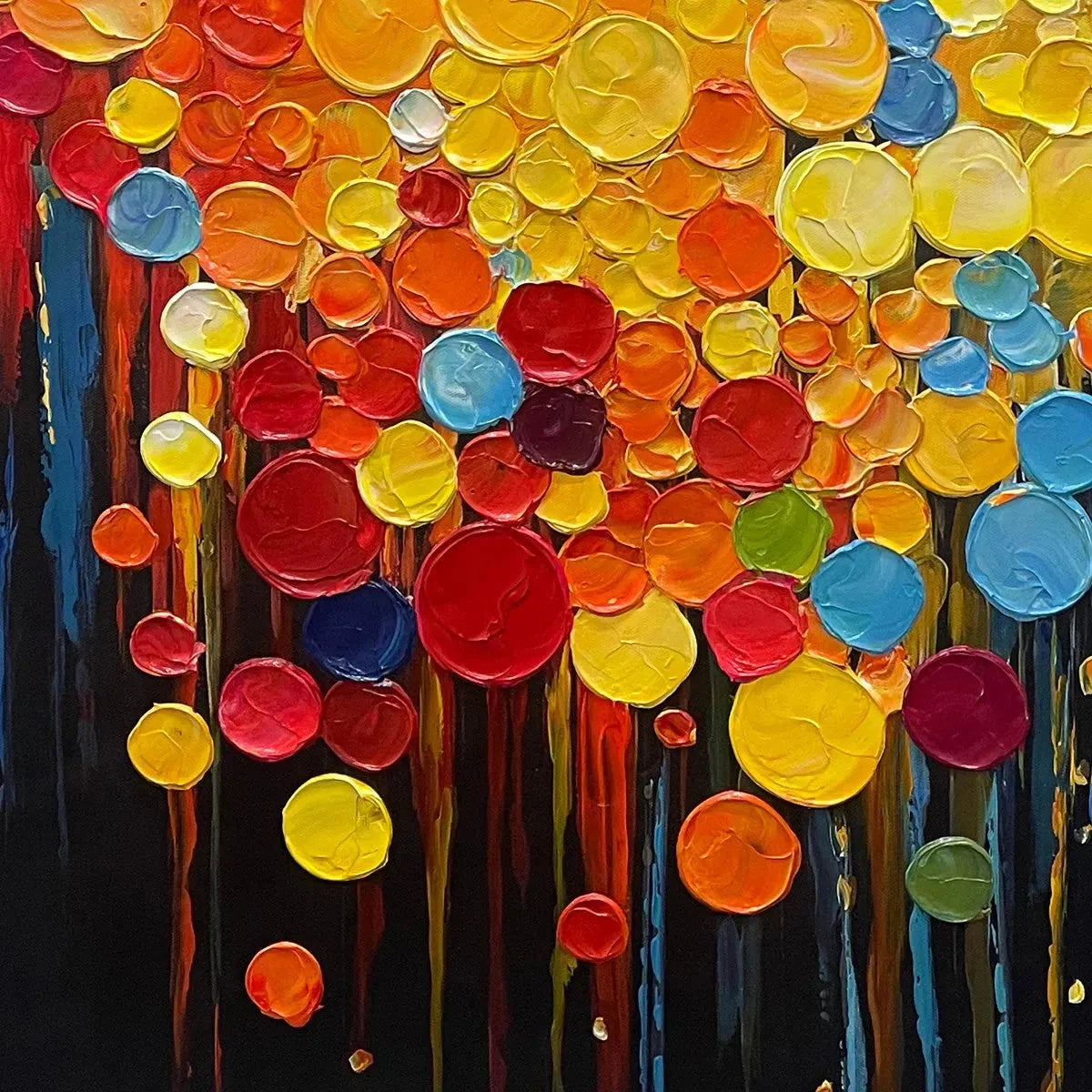 RAINBOW DROPS: Vertical Abstract Painting with Colorful Circles, Textured Impasto, Modern Wall Art | rectangular format, hand-painted canvas edge