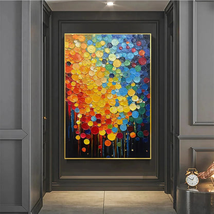 RAINBOW DROPS: Vertical Abstract Painting with Colorful Circles, Textured Impasto, Modern Wall Art | gold frame stretched on neutral wall