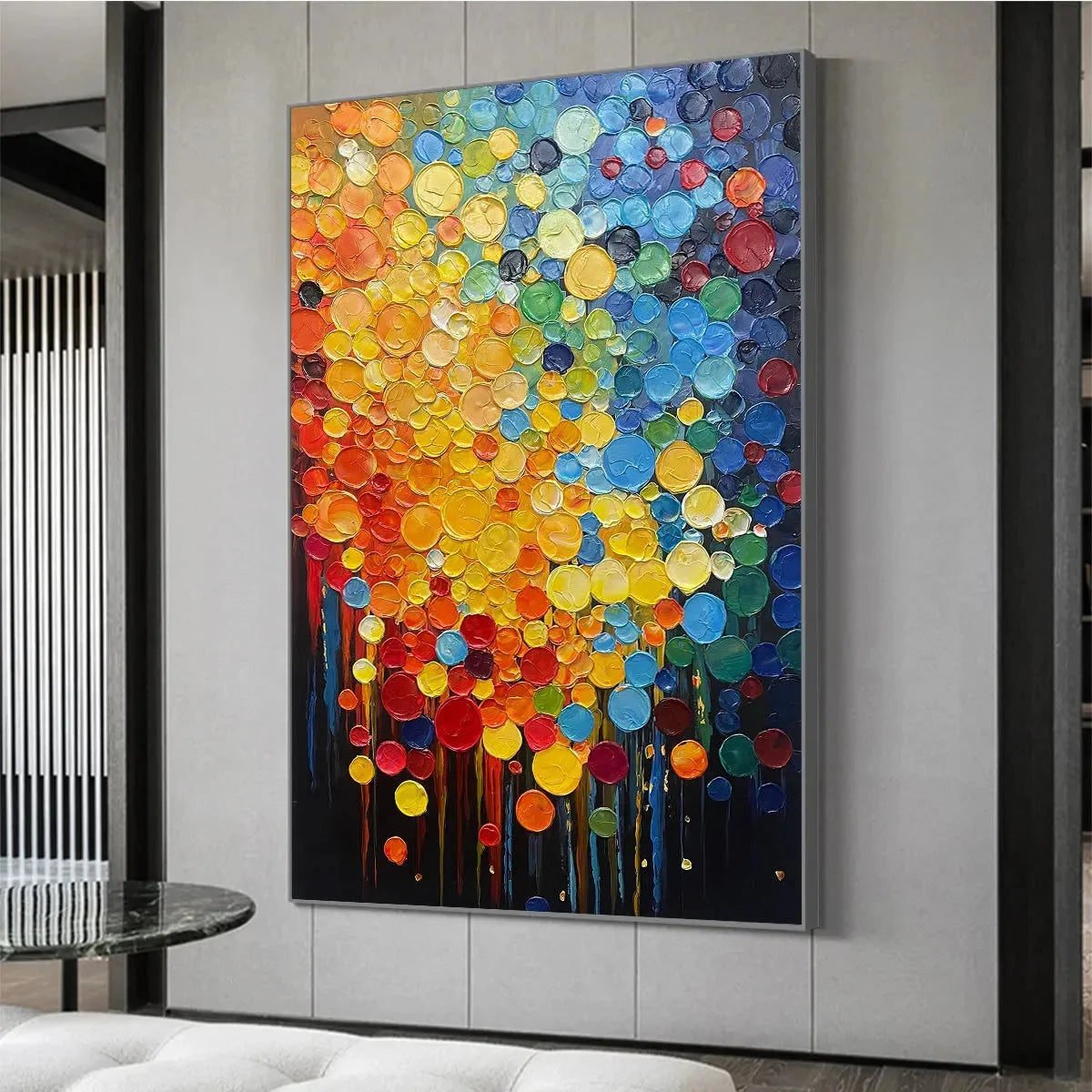 RAINBOW DROPS: Vertical Abstract Painting with Colorful Circles, Textured Impasto, Modern Wall Art | rolled canvas, ready for custom framing