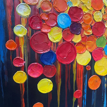RAINBOW DROPS: Vertical Abstract Painting with Colorful Circles, Textured Impasto, Modern Wall Art | black frame version on white wall