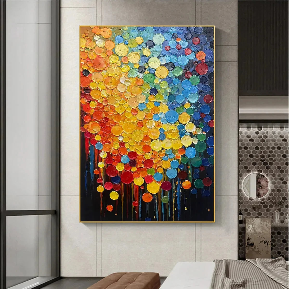 RAINBOW DROPS: Vertical Abstract Painting with Colorful Circles, Textured Impasto, Modern Wall Art | Abstract mood, soft natural light studio shot