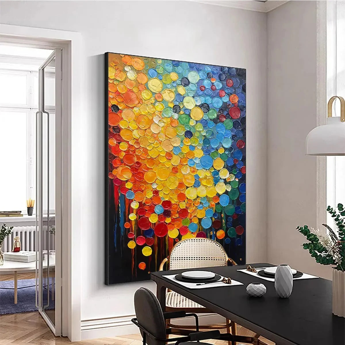 RAINBOW DROPS: Vertical Abstract Painting with Colorful Circles, Textured Impasto, Modern Wall Art | multi-color palette, original oil on stretched canvas art