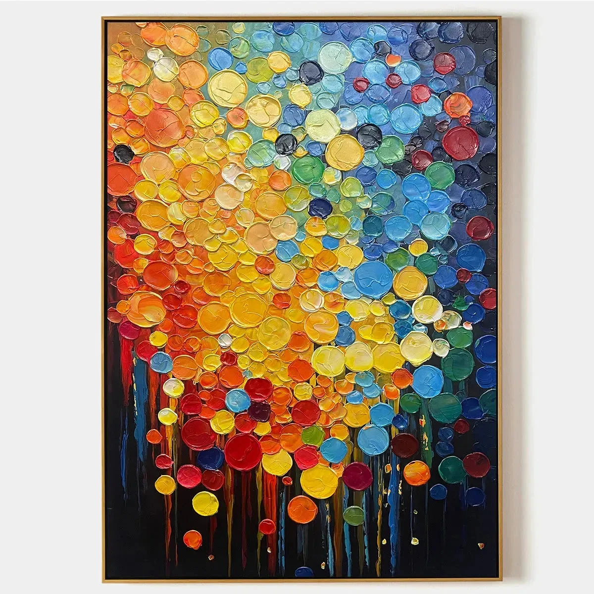 RAINBOW DROPS: Vertical Abstract Painting with Colorful Circles, Textured Impasto, Modern Wall Art | hanging in living room, Abstract wall art